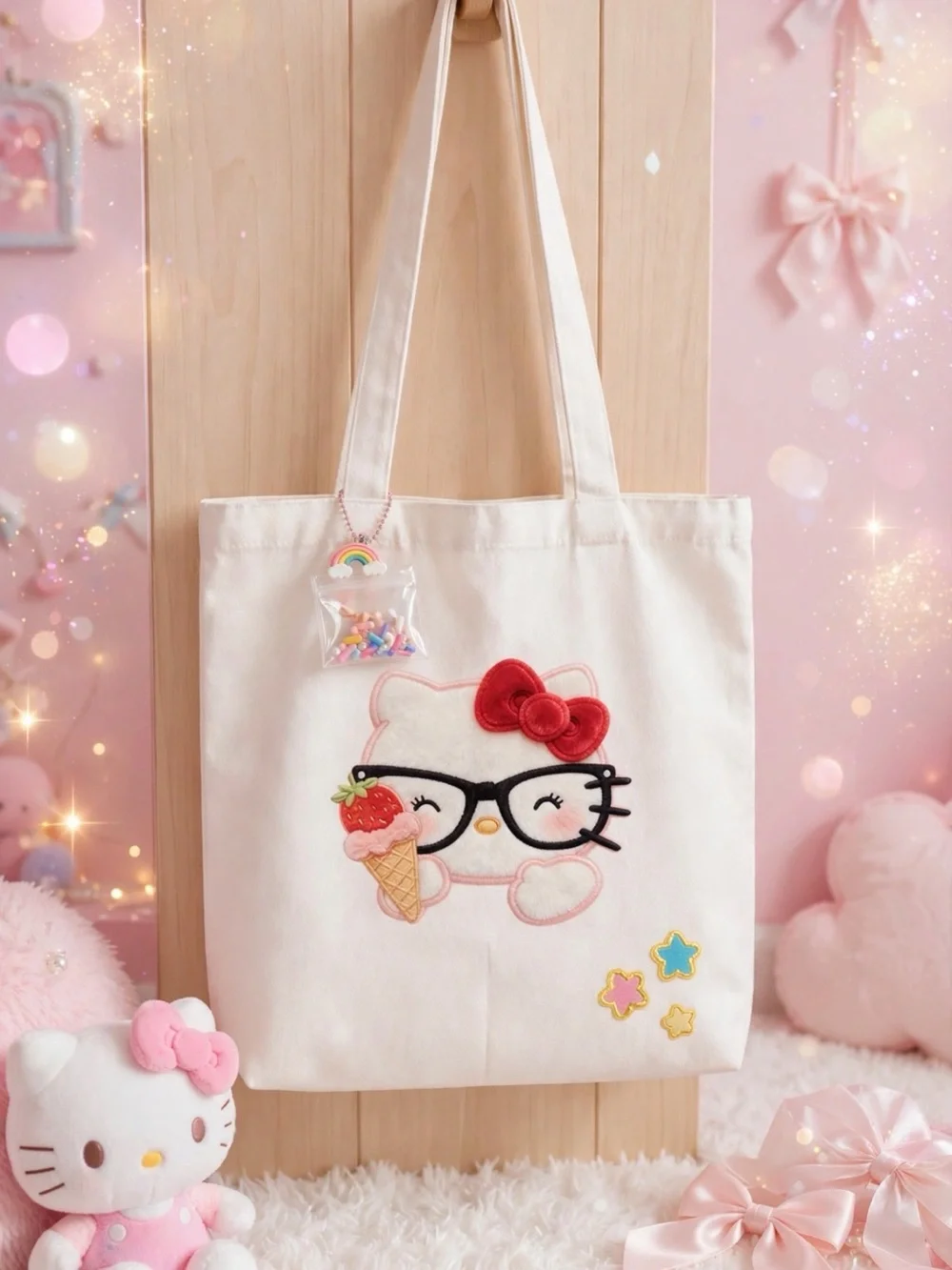 Hello Kitty Cream Tote Bag with Red Bow and Black Glasses